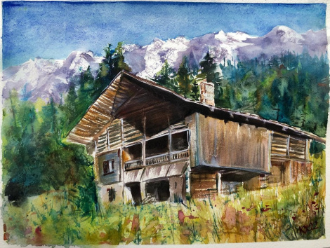 Francia Alpok ragyogó napsütésben - 2022 akvarell 30x40 cm