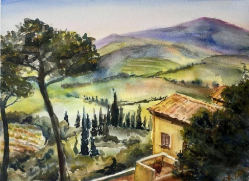 Toscana kinézetű táj - 2020 akvarell 30x40 cm